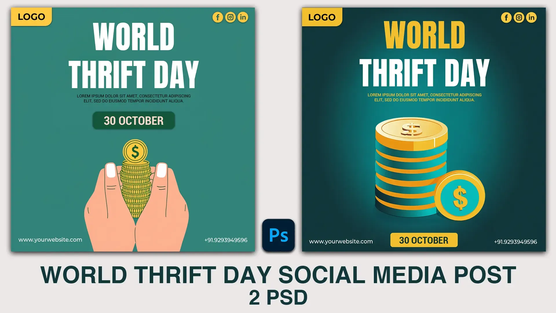 Stacked Gold Coins World Thrift Day Instagram Post with Savings and Financial Growth